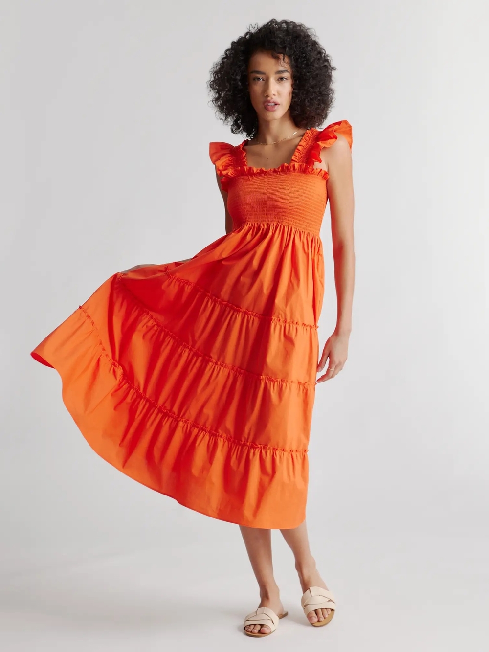 Quince 100% Organic Cotton Poplin Smocked Midi Dress Vermilion Red medium